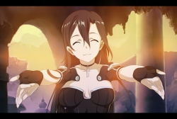 Rule 34 | 10s, 1girl, bad id, bad pixiv id, black hair, breasts, cleavage, closed eyes, fingerless gloves, genderswap, genderswap (mtf), gloves, kirito, kirito (sao-ggo), long hair, outstretched arms, solo, sword art online, viola (seed)