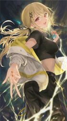 Rule 34 | 1girl, absurdres, belt, black belt, black pants, black ribbon, black shirt, blonde hair, blush, bolt (hardware), brown eyes, commentary, cropped shirt, earrings, electricity, hair ornament, hair ribbon, highres, holding pacifier, jacket, jewelry, kaminari qpi, kaminari qpi (2nd costume), looking at viewer, nakashima (pluscolor), off shoulder, open mouth, pacifier, pants, ribbon, shirt, sidelocks, solo, spiked necklace, swept bangs, teeth, twintails, two-sided fabric, two-sided jacket, upper teeth only, v, virtual youtuber, vspo!, white jacket, x hair ornament, yellow jacket
