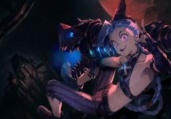 Rule 34 | 1girl, arcane: league of legends, arcane jinx, arm tattoo, blue hair, braid, braided ponytail, breasts, cloud tattoo, commentary, cropped shirt, english commentary, fingerless gloves, gloves, glowing, halterneck, holding, holding weapon, jinx (league of legends), league of legends, long hair, looking at viewer, midriff, moon, navel, optionaltypo, pants, pink eyes, red moon, rocket launcher, small breasts, smile, solo, stomach tattoo, striped clothes, striped pants, tattoo, v, weapon