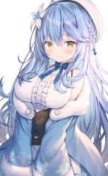Rule 34 | 1girl, ahoge, bare shoulders, beret, blue bow, blue flower, blue hair, blue jacket, blue skirt, blush, bow, braid, breasts, center frills, cleavage, cleavage cutout, closed mouth, clothing cutout, commentary request, flower, frills, fur-trimmed jacket, fur trim, hair between eyes, hair flower, hair ornament, half updo, hat, highres, hololive, jacket, large breasts, long hair, long sleeves, looking at viewer, off shoulder, open clothes, open jacket, pleated skirt, pointy ears, shirt, simple background, skirt, sleeveless, sleeveless shirt, solo, topia, very long hair, virtual youtuber, white background, white flower, white hat, white shirt, yellow eyes, yukihana lamy