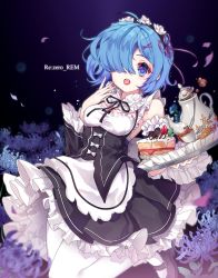Rule 34 | 10s, 1girl, bad id, bad pixiv id, blue eyes, blue hair, blush, breasts, cake, character name, cleavage, copyright name, food, hair ornament, hair over one eye, harin 0, holding, holding tray, looking at viewer, maid, mary janes, medium breasts, pantyhose, parted lips, re:zero kara hajimeru isekai seikatsu, rem (re:zero), shoes, solo, tongue, tongue out, tray, white pantyhose, x hair ornament