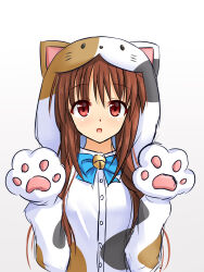 Rule 34 | 1girl, animal costume, animal ear hood, animal hands, bell, blue bow, blush, bow, brown hair, cat costume, commentary request, company connection, cosplay, eyes visible through hair, fake animal ears, hair between eyes, hands up, highres, hood, hood up, jingle bell, key (company), kigurumi, little busters!, long hair, looking at viewer, natsume rin, neck bell, open mouth, parody, red eyes, sidelocks, simple background, smile, solo, style parody, summer pockets, tamba i, tareme, tsumugi wenders, tsumugi wenders (cosplay), upper body, very long hair, white background