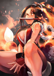 Rule 34 | 1girl, arm guards, arm up, bare legs, breasts, brown eyes, brown hair, cleavage, clothing cutout, curvy, fatal fury, feet out of frame, fire, fire, folding fan, hair tie, hand fan, high ponytail, hinoru saikusa, holding, holding fan, large breasts, looking to the side, mouth hold, ninja, pelvic curtain, ponytail, revealing clothes, rope, shiranui mai, smile, snk, squatting, the king of fighters, thick thighs, thighs