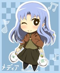 Rule 34 | 1girl, ;), absurdres, bag, beamed eighth notes, black pantyhose, black skirt, blue hair, blush, braid, brown capelet, brown sweater, capelet, checkered background, chibi, closed mouth, commentary request, eighth note, fate/grand order, fate (series), full body, highres, holding, holding bag, long hair, looking at viewer, medea (fate), musical note, no shoes, one eye closed, outline, pantyhose, parted bangs, plastic bag, pointy ears, ribbed sweater, shopping bag, single braid, skirt, smile, solo, sweater, translation request, very long hair, white outline, yuya090602