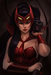 Rule 34 | 1girl, animal ears, artist name, black hair, cat, cat ears, catra, fangs, long hair, mask, mask on head, masters of the universe, ponytail, realistic, simon eckert, solo, teeth, upper body, whip