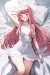 Rule 34 | 1girl, blush, breasts, dress, fate/grand order, fate (series), grin, hairband, highres, long hair, looking at viewer, lying, medb (fate), medb (lostroom outfit) (fate), medium breasts, on back, pillow, pink hair, shinsaku (stan-art), sidelocks, smile, solo, white dress, yellow eyes