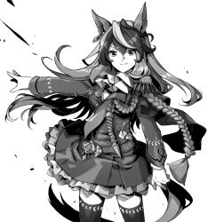 Rule 34 | 1girl, animal ears, belt, breasts, cape, closed mouth, coat, cowboy shot, epaulettes, gloves, greyscale, highres, horse ears, horse girl, horse tail, ascot, long hair, long sleeves, looking at viewer, medium breasts, monochrome, nanaheibei 3, outstretched arms, petticoat, single epaulette, smile, solo, symboli rudolf (umamusume), tail, thighhighs, umamusume