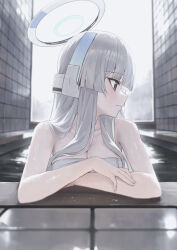 Rule 34 | 1girl, absurdres, bathing, blue archive, breasts, cleavage, collarbone, crossed arms, grey hair, halo, headgear, highres, huhi (huhi 1211), looking to the side, medium breasts, naked towel, noa (blue archive), profile, purple eyes, solo, tile wall, tiles, towel, water drop