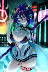 Rule 34 | 1girl, absurdres, adjusting clothes, adjusting swimsuit, barcode, barcode tattoo, bikini, bikini under clothes, black bikini, black choker, black hair, blue eyes, blue hair, blush, breasts, building, choker, cleavage, cyberpunk, headphones, highres, kappaako, katana, kson, large breasts, looking at viewer, mole, mole under eye, multicolored hair, navel, ponytail, smile, souchou, streaked hair, swimsuit, sword, tattoo, thigh strap, tongue, tongue out, virtual youtuber, vshojo, weapon, zipper, zipper pull tab