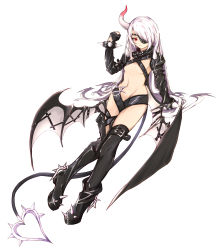 Rule 34 | 1girl, absurdres, arm at side, black footwear, boots, bracer, breasts, closed mouth, closers, demon girl, demon tail, eyepatch, flat chest, full body, gloves, heart, heart tail, highres, hokaru, horns, leather, leather boots, long hair, long sleeves, looking at viewer, midriff, navel, parted bangs, partially fingerless gloves, red eyes, short shorts, shorts, shrug (clothing), simple background, single horn, small breasts, solo, standing, tail, thigh boots, thigh strap, thighhighs, tina (closers), very long hair, white background, white hair, wings