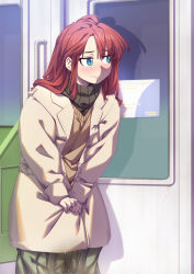 Rule 34 | 1girl, aqua eyes, black shirt, blush, brown coat, brown sweater, clenched teeth, coat, door, embarrassed, female focus, green skirt, have to pee, highres, long hair, long sleeves, looking to the side, meiz, nose blush, original, own hands together, peeing, peeing self, pleated skirt, red hair, shirt, sign, skirt, sleeves past wrists, slit pupils, solo, standing, steam, sweat, sweater, teeth, train interior, v arms, wet, wet clothes, window