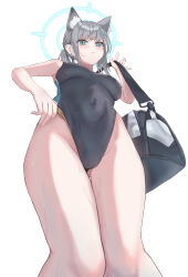 Rule 34 | 1girl, absurdres, animal ear fluff, animal ears, black one-piece swimsuit, blue archive, blue eyes, breasts, competition swimsuit, covered navel, cross hair ornament, extra ears, from behind, grey hair, hair ornament, halo, highres, looking at viewer, low ponytail, medium breasts, medium hair, milkcandyer, mismatched pupils, multicolored clothes, multicolored swimsuit, official alternate costume, one-piece swimsuit, perspective, shiroko (blue archive), shiroko (swimsuit) (blue archive), simple background, solo, swimsuit, white background, wolf ears