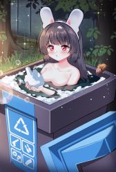 Rule 34 | 1girl, animal ears, bathing, bird, black hair, blue archive, blunt bangs, blush, fake animal ears, highres, ine (ineinnen), long hair, miyu (blue archive), outdoors, paid reward available, partially submerged, rabbit ears, recycle bin, red eyes, soap bubbles, solo, water