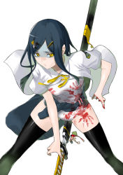 Rule 34 | 1girl, between thighs, black hair, black thighhighs, blood, clothes around waist, hair ornament, hairclip, jacket, jacket around waist, katana, kujouin iruka, leaning forward, one-piece swimsuit, open clothes, open shirt, school swimsuit, school uniform, shaded face, sheath, shirt, sidelocks, simple background, solo, spread legs, swimsuit, swimsuit under clothes, sword, thighhighs, unbuttoned, unsheathing, weapon, white background, white one-piece swimsuit, white school swimsuit, yasuda suzuhito, yellow eyes, yozakura quartet