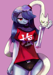Rule 34 | 1girl, absurdres, bare shoulders, blue skin, breasts, choker, colored skin, goneking, hair over one eye, highres, leviathan (skullgirls), long hair, red eyes, red shirt, shirt, skullgirls, squigly (skullgirls), stitched mouth, stitches, underwear, zombie