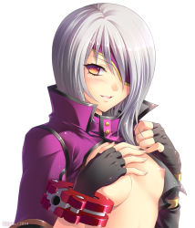 Rule 34 | 10s, 1girl, 2014, artist name, bad id, bad pixiv id, black gloves, blush, breasts, bururai, character name, copyright name, covering privates, covering breasts, eyepatch, fingerless gloves, gina dickinson, gloves, god eater, god eater 2: rage burst, jacket, looking at viewer, nipples, open clothes, open jacket, parted lips, red eyes, silver hair, simple background, small breasts, solo, white background