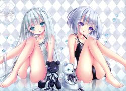 Rule 34 | 2girls, :d, absurdly long hair, absurdres, aqua eyes, aqua hair, barefoot, black one-piece swimsuit, blush, braid, casual one-piece swimsuit, child, collarbone, frilled swimsuit, frills, gem, grey one-piece swimsuit, highres, huge filesize, light purple hair, long hair, multiple girls, one-piece swimsuit, open mouth, purple eyes, short hair, smile, stuffed animal, stuffed toy, swimsuit, teddy bear, tinker bell (pixiv 10956015), very long hair