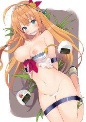 Rule 34 | 1girl, ahoge, bar censor, bare shoulders, blue eyes, braid, breasts, breasts out, censored, cleavage, food, gagged, groin, hair ornament, hairband, highres, large breasts, leg up, long hair, looking at viewer, navel, nipples, onigiri, orange hair, pecorine (princess connect!), pecorine (summer) (princess connect!), princess connect!, restrained, solo, stomach, tears, togo (korlsj1235), very long hair