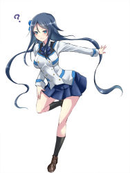 Rule 34 | 1girl, ?, black hair, black legwear, blue bow, blue bowtie, blue eyes, blue skirt, blush, bow, bowtie, brown footwear, full body, hair between eyes, hair bow, highres, leg up, long hair, looking at viewer, low twintails, maron (kagamikunn), miniskirt, mother (pso2), outstretched arm, phantasy star, phantasy star online 2, pleated skirt, shoes, simple background, skirt, solo, standing, standing on one leg, twintails, very long hair, white background