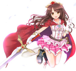 Rule 34 | 1girl, :d, belt, black footwear, blush, boots, breasts, brown eyes, brown hair, cape, capelet, full body, gloves, holding, holding sword, holding weapon, huna, idolmaster, idolmaster cinderella girls, long hair, medium breasts, open mouth, pink skirt, plaid, plaid skirt, princess connect!, red cape, sheath, shimamura uzuki, simple background, skirt, smile, solo, sword, weapon, white gloves