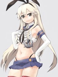 Rule 34 | 10s, 1girl, :3, anchor, armor, blonde hair, bow, bowtie, brown eyes, elbow gloves, gloves, hairband, hand on own hip, highres, kantai collection, long hair, microskirt, navel, ribbon, shimakaze (kancolle), simple background, skindentation, skirt, smile, solo, thighhighs, totobuki