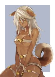Rule 34 | 1girl, animal ears, bare shoulders, belt bra, breasts, cleavage, closed mouth, collarbone, colored eyelashes, dark-skinned female, dark skin, dog ears, dog girl, dog tail, expressionless, eyes visible through hair, guilty gear, guilty gear xrd, hair between eyes, kemonomimi mode, long hair, looking at viewer, maka (morphine), medium breasts, navel, orange eyes, platinum blonde hair, ramlethal valentine, seiza, short shorts, shorts, simple background, sitting, solo, tail, thigh strap, underboob