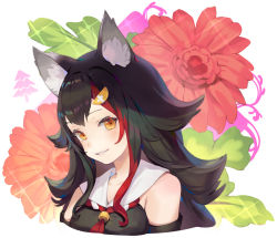 Rule 34 | 1girl, animal ear fluff, animal ears, bare shoulders, bibimbub, black hair, detached sleeves, floral background, grin, highres, hololive, looking at viewer, multicolored hair, ookami mio, ookami mio (1st costume), portrait, sailor collar, sidelocks, smile, solo, streaked hair, teeth, virtual youtuber, white sailor collar, wolf ears, yellow eyes