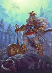 Rule 34 | 1girl, armor, castle, cloud, commentary request, crown, dragon, drill hair, floating hair, frilled skirt, frills, garter belt, gold, green sky, grey eyes, grin, hammer, hand on own hip, highres, holding, holding hammer, holding weapon, jonpei, long hair, looking at viewer, monster, ornate armor, skirt, sky, smile, solo focus, standing, teeth, weapon, white hair