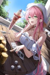 Rule 34 | 1girl, :d, absurdres, arm support, black choker, breasts, building, card, choker, cleavage, coin, crossed bangs, detached sleeves, dice, dress, food, fruit, green eyes, halterneck, highres, holding, holding coin, ice cream, kuro (rudyan0128), large breasts, looking at viewer, open mouth, original, pink hair, smile, solo, strawberry, table, tree, white dress, white headwear, wooden chair, wooden table