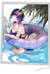 Rule 34 | 1girl, absurdres, aqua eyes, armband, bare shoulders, bikini, blue hair, bob cut, bracelet, breasts, chinese commentary, cleavage, commentary request, cup, dark blue hair, dated, earrings, genshin impact, highres, hokushuu, holding, holding cup, jewelry, looking at viewer, medium breasts, mole, mole on breast, nail polish, parted lips, pool, purple bikini, purple nails, short hair, single earring, solo, swimsuit, tree, yelan (genshin impact)
