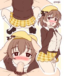 Rule 34 | 1boy, 1girl, belt, beret, blush, border, breasts, brown eyes, brown hair, cardigan, collage, cookie, drooling, fellatio, food, from behind, grabbing, hat, high heels, highres, idolmaster, idolmaster cinderella girls, kita hinako, miniskirt, open mouth, oral, outside border, penis, pongldr, pov, pubic hair, see-through, self-upload, shirt, short hair, simple background, size difference, skirt, smile, socks, solo focus, squatting, underwear, white border