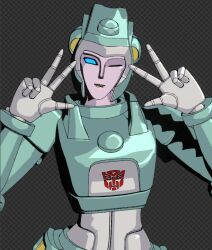 Rule 34 | 1girl, 3d, andypurro, autobot, blender (medium), blue eyes, helmet, humanoid robot, looking at viewer, moonracer, one eye closed, robot, robot girl, solo, transformers, transformers: generation 1, v
