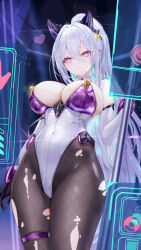 Rule 34 | 1girl, absurdres, age fx, animal ears, aqua pupils, azur lane, black gloves, breasts, brown pantyhose, cat ears, commentary request, covered navel, detached collar, detached sleeves, fake animal ears, fishnet pantyhose, fishnets, framed breasts, from below, gameplay mechanics, gloves, high-waist pantyhose, highleg, highleg leotard, highres, holding, holding pole, holographic interface, kearsarge (all night charge) (azur lane), kearsarge (azur lane), large breasts, leotard, long hair, multicolored leotard, official alternate costume, pantyhose, playboy bunny, pole, purple eyes, purple leotard, solo, strapless, strapless leotard, stripper pole, thigh strap, torn clothes, torn pantyhose, undersized breast cup, very long hair, white hair, white leotard