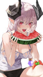 Rule 34 | 1girl, absurdres, black shorts, braid, breasts, character request, choppy bangs, cleavage, copyright request, cropped legs, eating, facial tattoo, fangs, food, fruit, grey tank top, highres, holding watermelon, horns, jangu707, long hair, looking at viewer, medium breasts, open mouth, pink eyes, pink hair, pointy ears, short shorts, shorts, sidelocks, sitting, sweat, tank top, tattoo, twin braids, watermelon, watermelon slice, wet, wet clothes, white background