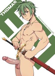 Rule 34 | 1boy, abs, brown eyes, character request, elders floating temple, erection, green hair, green pubic hair, ichan, jewelry, large penis, looking at viewer, male focus, muscular, necklace, nipples, nude, pectorals, pendant, penis, pubic hair, scar, sheath, shiny penis, simple background, solo, sword, testicles, uncensored, veins, veiny penis, watermark, weapon, web address, white background