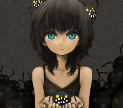 Rule 34 | 1girl, bad id, bad pixiv id, bare shoulders, black hair, blue eyes, camisole, creature, cupping hands, darkness, glowing, glowing eyes, holding, monster, morina nao, original, own hands together, short hair, solo, yami shoujo, yellow eyes