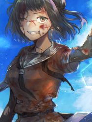 Rule 34 | 1girl, black gloves, black hair, black neckerchief, blood, blood on clothes, blood on face, breasts, brown eyes, cloud, commission, cuts, double bun, elbow gloves, fingerless gloves, gloves, grin, hagioshi, hair bun, highres, injury, kantai collection, looking at viewer, naka (kancolle), neckerchief, outdoors, sailor collar, school uniform, serafuku, short hair, skeb commission, sky, smile, solo, torn clothes, undone neckerchief