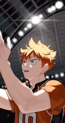 Rule 34 | 1boy, absurdres, arms up, blurry, brown eyes, haikyuu!!, highres, hinata shouyou, indoors, looking away, male focus, mix (wkupmix), open mouth, orange hair, short sleeves, solo, sportswear, sweat, twitter username, upper body, volleyball uniform