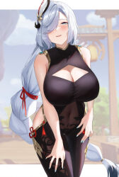 Rule 34 | 1girl, absurdres, black bodysuit, blue eyes, blue nails, blush, bodysuit, braid, breasts, cleavage, cleavage cutout, clothing cutout, covered navel, genshin impact, gold trim, hair ornament, hair over one eye, highres, hip vent, large breasts, long hair, looking at viewer, low-braided long hair, low-tied long hair, parted lips, shenhe (genshin impact), solo, tassel, very long hair, white hair, xiiinaam 98