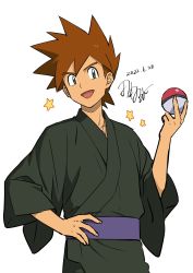 Rule 34 | 1boy, :d, brown hair, commentary request, creatures (company), dated, game freak, gary oak, grey eyes, hand on own hip, highres, holding, holding poke ball, japanese clothes, kimono, male focus, nintendo, one-hour drawing challenge, open mouth, poke ball, poke ball (basic), pokemon, pokemon (anime), purple sash, sash, short hair, signature, smile, solo, spiked hair, star (symbol), tamura (kouititamura), tongue, white background