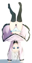 Rule 34 | 1girl, :o, aties20, black thighhighs, blue eyes, blue panties, blush, bow, bow panties, commentary request, dress, frilled dress, frills, full body, gluteal fold, handstand, long hair, looking at viewer, navel, no shoes, original, panties, parted lips, purple dress, shadow, solo, thighhighs, underwear, upside-down, white background, white hair