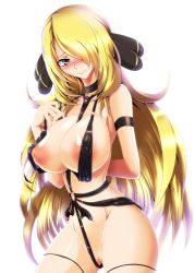 Rule 34 | 00s, 1girl, absurdres, arm behind back, bare shoulders, blonde hair, blue eyes, blush, breasts, bright background, censored, choker, creatures (company), cynthia (pokemon), game freak, grey eyes, hair ornament, hair over one eye, highres, huge breasts, large areolae, lingerie, long hair, looking at viewer, navel, nintendo, nipples, pokemon, pokemon (anime), pokemon dppt, simple background, solo, tony man+, tonyman plus, underwear, white background