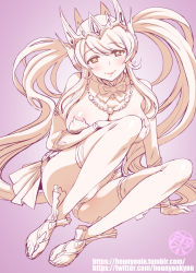 Rule 34 | 1girl, bare shoulders, blush, bow, bowtie, breasts, cameltoe, closed mouth, crown, hatching (texture), heart, heart-shaped pupils, hounyouin, jewelry, kamihime project, long hair, looking at viewer, monochrome, necklace, pearl necklace, shiny skin, signature, sitting, smile, solo, spot color, symbol-shaped pupils, thighhighs, toenails, twintails, very long hair