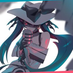 Rule 34 | 1girl, black bow, black choker, black gloves, bow, choker, creatures (company), dark miku (project voltage), earrings, game freak, gloves, green hair, hat, hat bow, hatsune miku, jewelry, kiki1109, long hair, long sleeves, looking at viewer, luxury ball, microphone, nintendo, off shoulder, one eye covered, poke ball, pokemon, project voltage, red eyes, smile, twintails, uneven twintails, very long hair, vocaloid