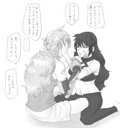 Rule 34 | 2girls, animal ears, bandages, bandage on face, bandaid, bandaid on arm, blake belladonna, breasts, greyscale, groin, hands on another&#039;s head, indian style, long hair, medium breasts, messy hair, monochrome, multiple girls, navel, panties, prosthesis, prosthetic arm, rwby, sitting, tank top, toutetsu mon, translation request, underwear, wariza, white background, yang xiao long