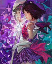 Rule 34 | 1990s (style), 1girl, bishoujo senshi sailor moon, bob cut, bow, brooch, elbow gloves, gloves, holding, holding polearm, holding spear, holding weapon, k-bose, magical girl, polearm, purple eyes, purple hair, purple skirt, realistic, red bow, reflection, retro artstyle, sailor saturn, silence glaive, skirt, solo, source request, spear, staff, star brooch, tomoe hotaru, weapon, white gloves