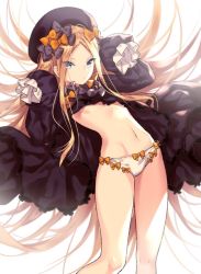 Rule 34 | 1girl, abigail williams (fate), black bow, black dress, black hat, blonde hair, blue eyes, bow, bow panties, bug, butterfly, closed mouth, clothes lift, commentary request, dress, dress lift, fate/grand order, fate (series), forehead, hair bow, hat, insect, long hair, long sleeves, looking at viewer, lying, navel, on back, orange bow, panties, parted bangs, polka dot, polka dot bow, simple background, sleeves past wrists, solo, sora 72-iro, tsurime, underwear, very long hair, white background, white panties