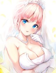 Rule 34 | 1girl, arm under breasts, bad id, bad twitter id, bare shoulders, blue eyes, blush, breasts, bridal veil, cleavage, commentary request, dress, gloves, go-toubun no hanayome, hair between eyes, head tilt, jewelry, large breasts, looking at viewer, nakano ichika, narae, necklace, parted lips, pink hair, see-through, short hair, simple background, solo, veil, wedding dress, white background, white gloves
