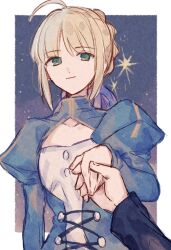 Rule 34 | 1girl, 1other, ahoge, artoria pendragon (all), artoria pendragon (fate), black shirt, blonde hair, blue dress, blue sky, border, bow, buttons, closed mouth, dress, fate/grand order, fate (series), fingernails, green eyes, hair between eyes, hair bow, hair bun, hand up, highres, holding, holding hands, juliet sleeves, long sleeves, looking at viewer, machi (uqyjee), night, night sky, outside border, puffy sleeves, purple bow, saber (fate), shirt, short hair, sidelocks, sky, smile, standing, star (sky), two-tone dress, white border, white dress