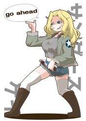 Rule 34 | 1girl, black footwear, black shirt, blonde hair, blue eyes, blue shorts, boots, bottle, brown jacket, character name, commentary request, cutoffs, denim, denim shorts, emblem, english text, from behind, full body, girls und panzer, hair intakes, holding, holding bottle, jacket, kay (girls und panzer), long hair, long sleeves, looking to the side, midriff, military, military uniform, open clothes, open jacket, open mouth, partial commentary, pepsi, pointing, saunders military uniform, shadow, shirt, short shorts, shorts, simple background, smile, smirk, soda bottle, solo, standing, star (symbol), thighhighs, translated, uniform, white background, white thighhighs, zannen na hito